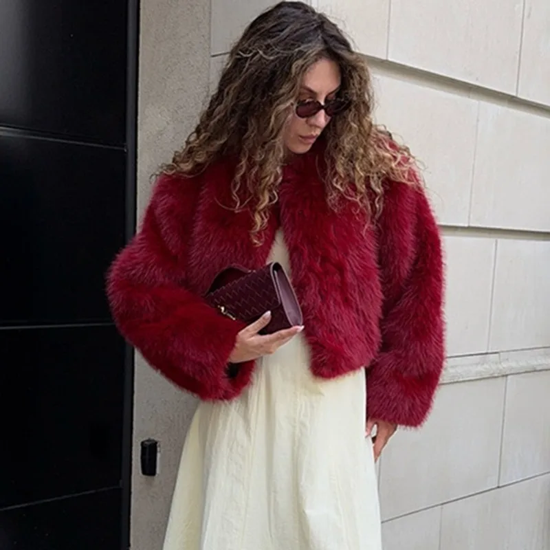 Tuularose Red Elegant Faux Fur Coat Warm Fluffy Oversized Long-Sleeve Collared Jacket Winter Fashion High-Street Women Outwear