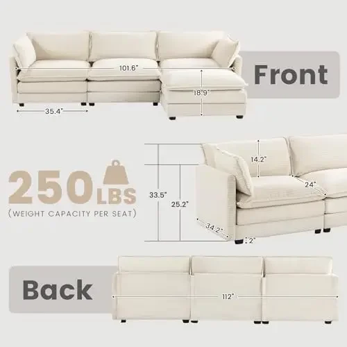 Oversized Modular Sectional Sofa with Movable Ottoman, 112 Inch 4 Seat Modern Corduroy Sofa Set, Convertible L Shaped