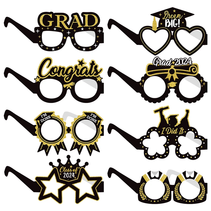 8pcs Graduation Party Decorations 2024 Paper Glitter Glasses Happy Graduation Grad Photo Booth Props Party Graduation Gift