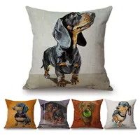 Oil Painting Dachshund Dog Chair Pillow Cotton Linen Home Decorative Doxie Pet Puppy Dogs Cute Cushion Living Room Car Pillows