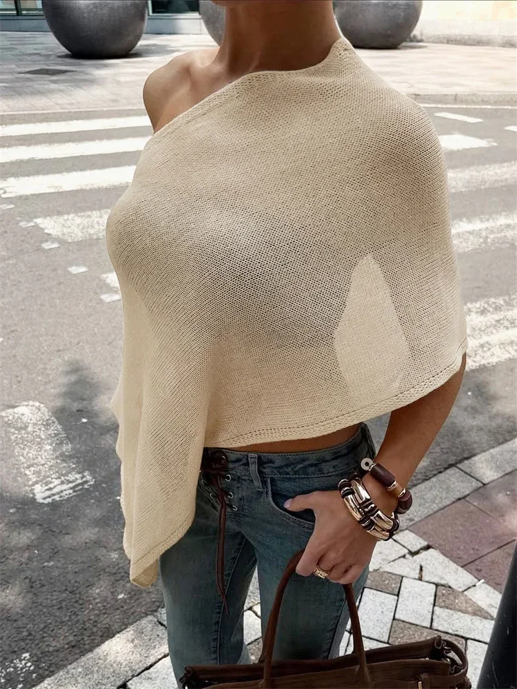 

Knit Sexy See-Through T-shirt Pullover For Women Off-Shoulder Solid Patchwork Fashion Knitwear Tee Female High Waist Top