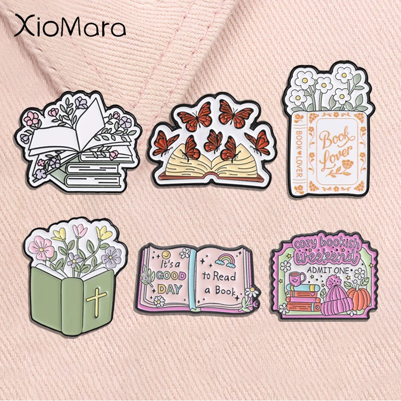 Cottagecore Floral Book Enamel Pins Bible Cross Butterfly Book Lover Bookworm Bookish Brooches Lapel Badge Jewelry Gifts