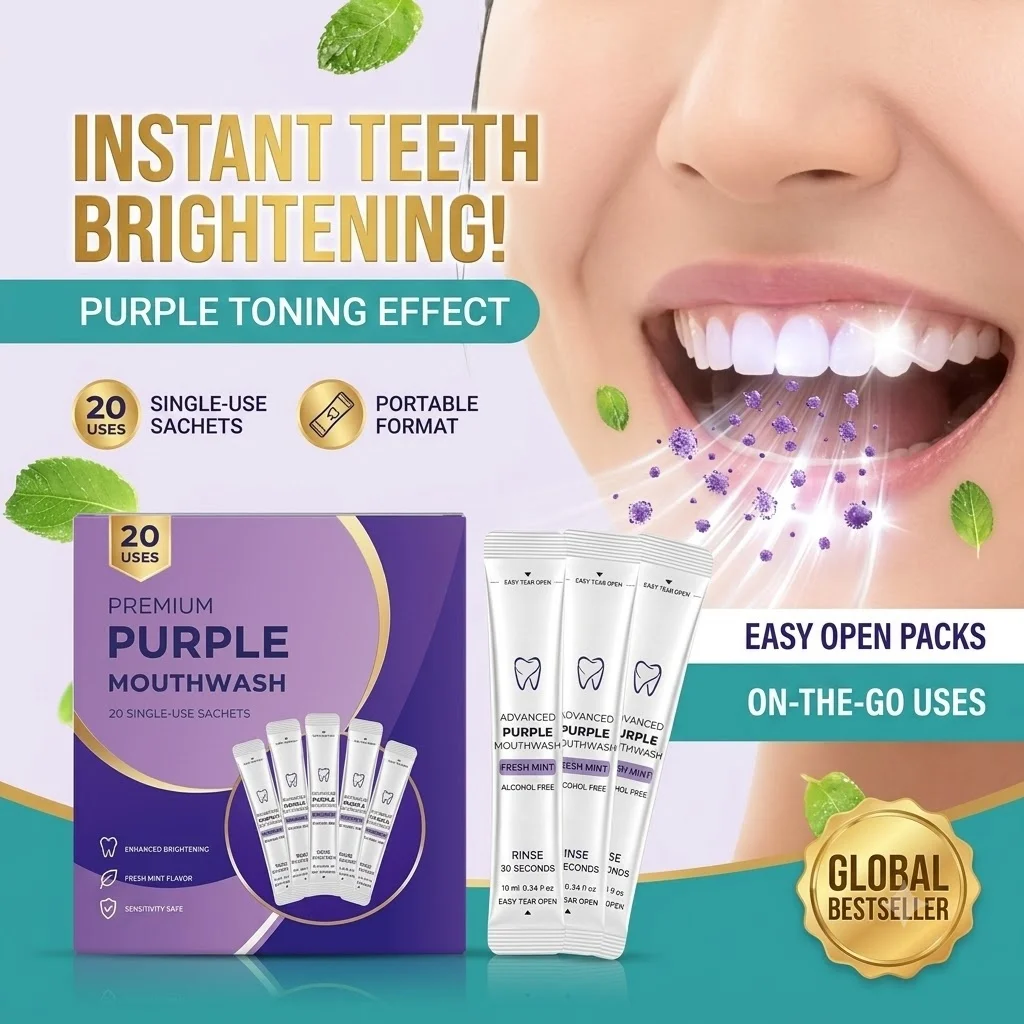 Premium Purple Mouthwash Sachets 200ml Teeth Whitening Color Correcting Dental Rinse Yellow Stain Remover Fresh Mint Breath
