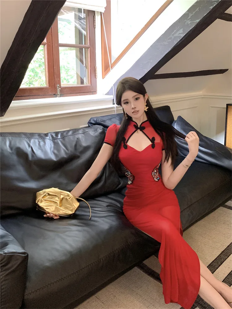 New Chinese Style Sheer Mesh Patchwork Black Red Cheongsam Dress High Split Short Sleeve Stand Collar Elegant Pencil Qipao Dress