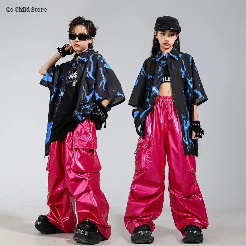 Boys Hip Hop Tie-dyed Shirt Street Dance Shiny Cargo Pants Girls K-pop Clothes Sets Kids Jazz Costumes Children Teens Streetwear