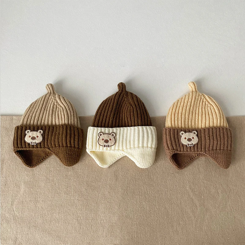 

Winter Children Ear Protection Kint Hat Fashion Color Block Kids Earmuffs Cap Cute Bear Baby Woolen Bonnet 1-4year Infant Beanie
