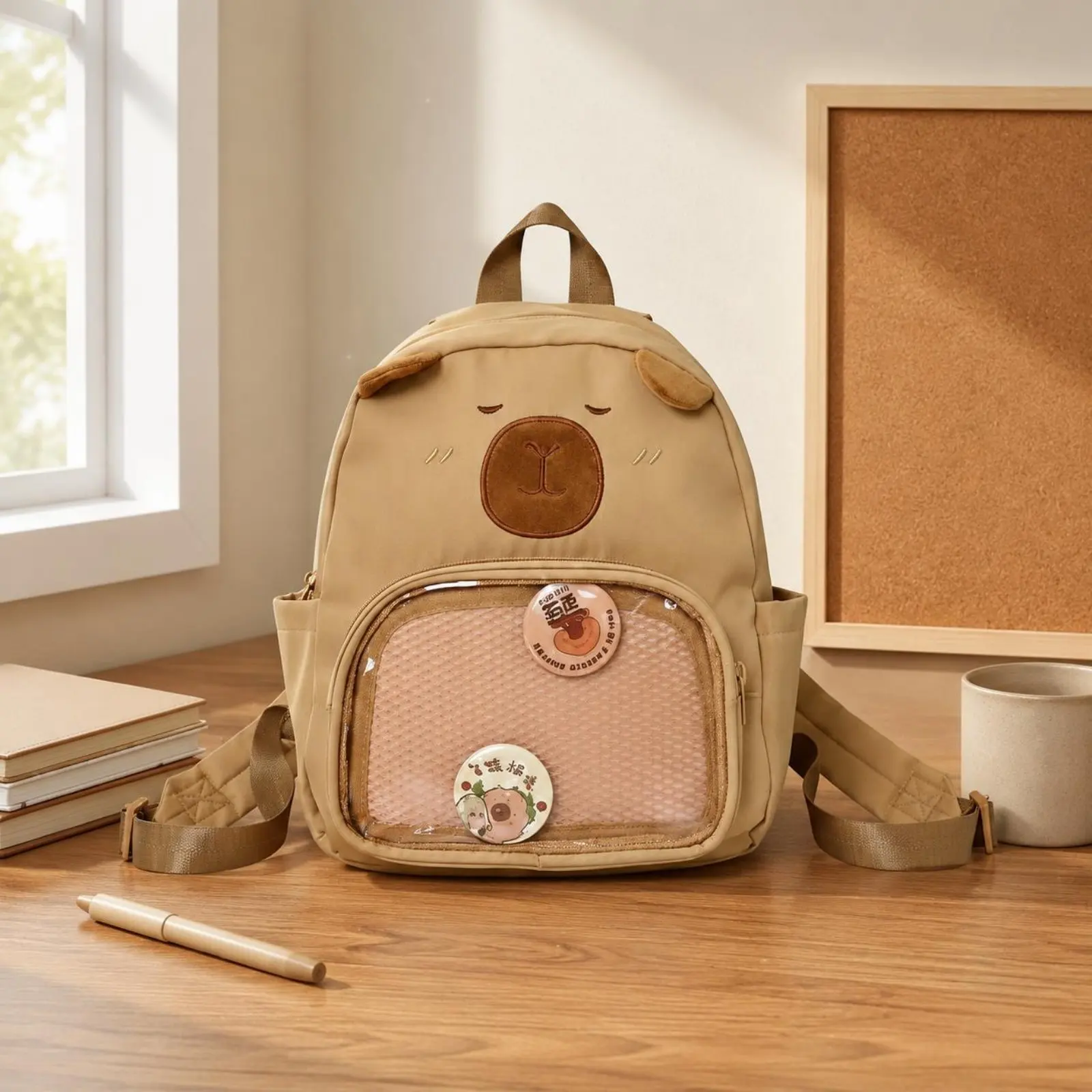 

Creature Ear Backpack High Quality Cartoon Backpack Cartoon Rucksack Embroidered Face Carry Bag Soft Beige-Khaki