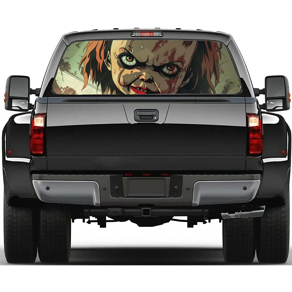 Chucky Doll Horror Print Car Rear Windshield Sticker Truck Window See Through Perforated Back Window Vinyl Decal Decoration