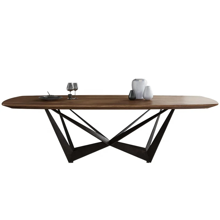 High-end live edge wooden top 1 set dining table with black coated metal legs dining table with natural walnut veneer surface