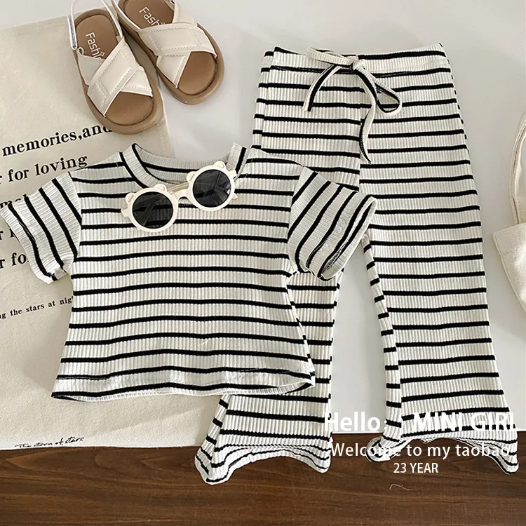 Children Sets Sale Price Girls Summer Style Striped Short-sleeved + Wide-leg Hollow Striped Trousers Two-piece Set Wholesale