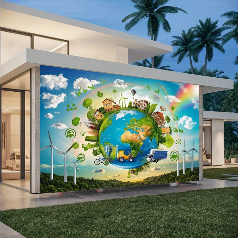 2D Flat, Earth Environment Wall Tapestry 2D Eco Friendly Design Global Sustainability Wind Turbines Solar Panels Nature Love