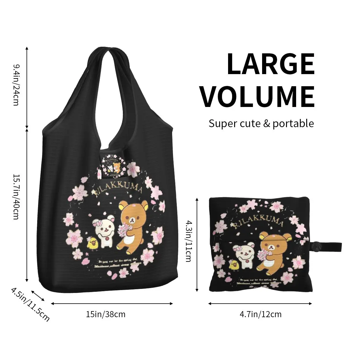 Reusable Rilakkuma Sakura Cherry Blossom Grocery Bags Foldable Machine Shopping Bags Large Eco Storage Bag Attached Pouch