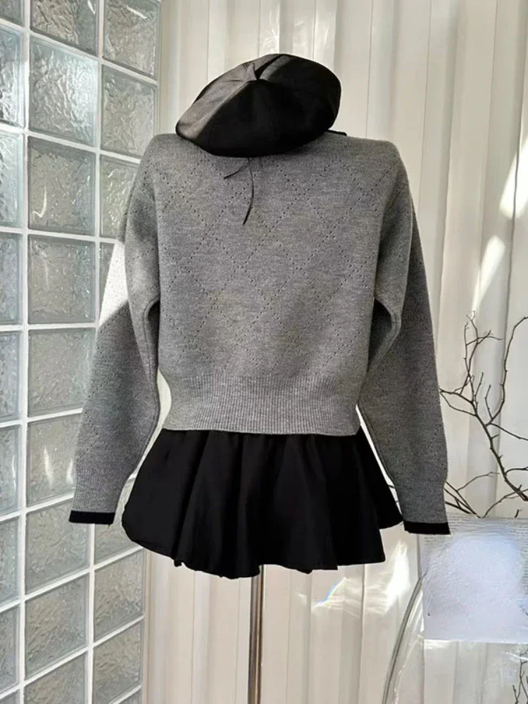 2023 Autumn Grey Cardigan Turn-Down Collar Pullover Soft Female Casual Y2k Long Sleeve Knitted Sweater Japanese Fashion Outwear