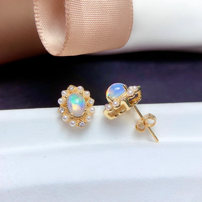 Natural Opal Earrings Studs Women's Silver 925 Earrings Women's Wedding Gems Earrings Sterling Jewelry