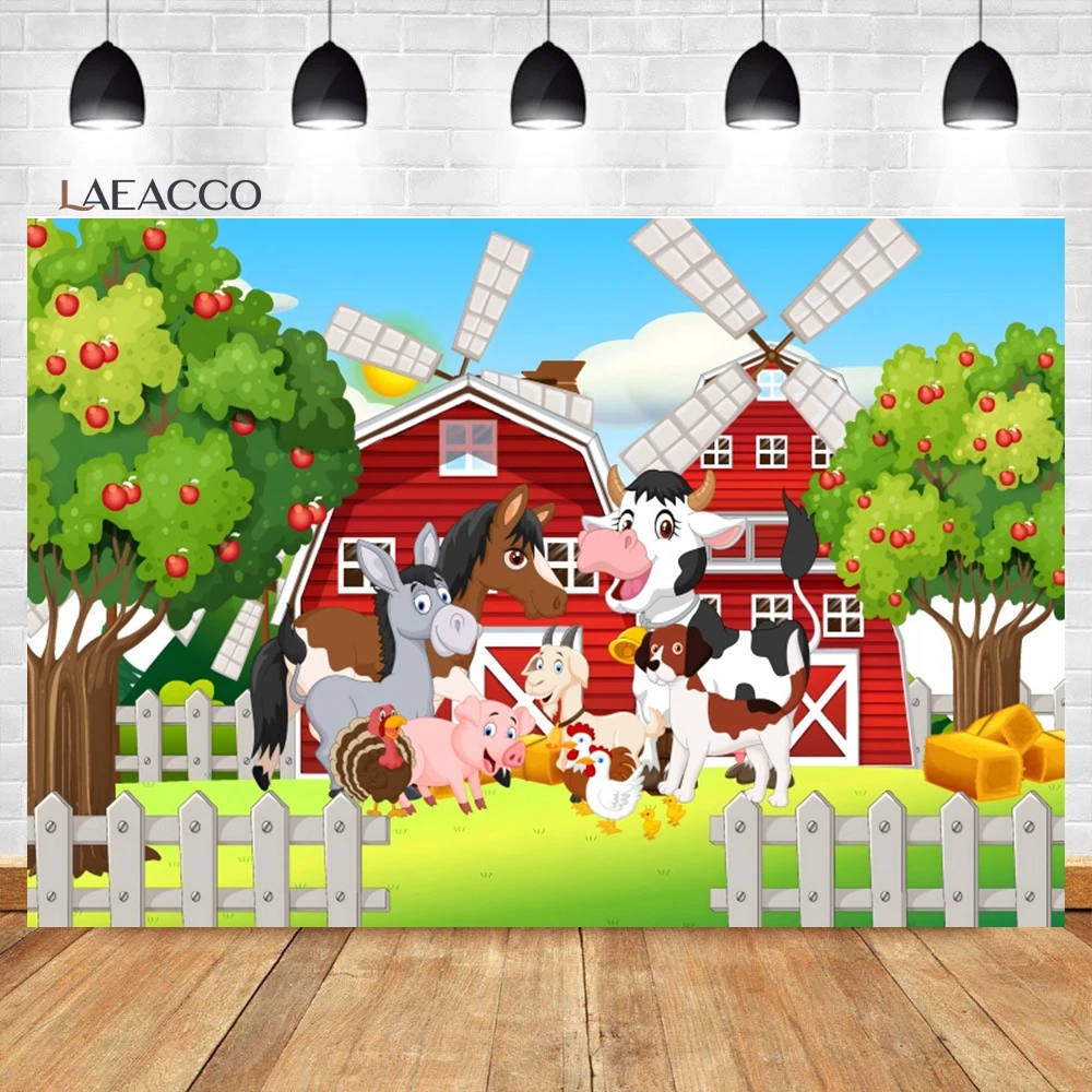 

Laeacco Farm Red Barn Backdrop Cartoon Animals Barnyard Cow Kids Birthday Baby Shower Portrait Custom Photography Background