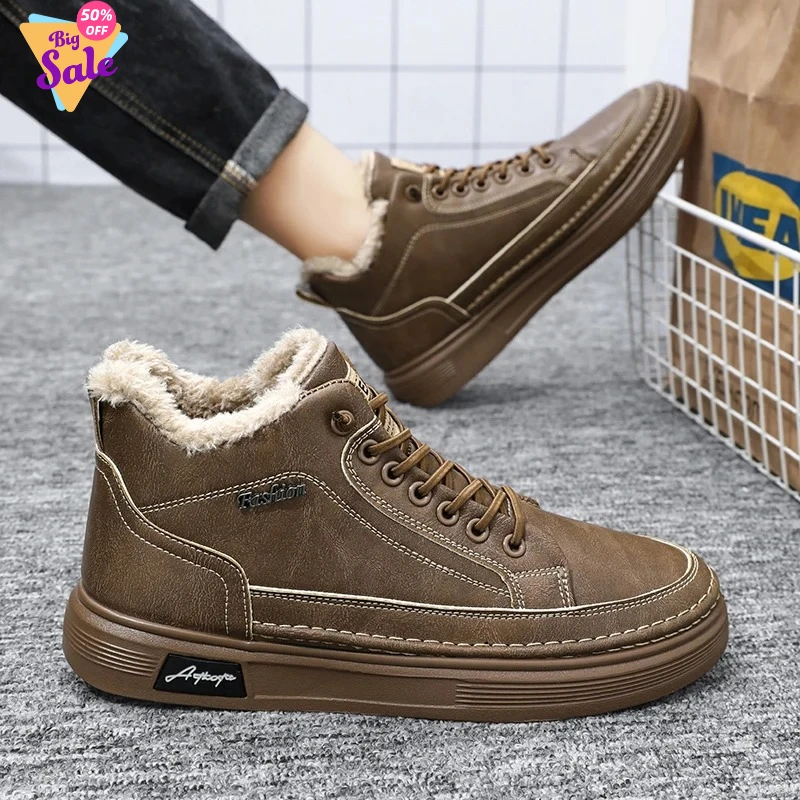 

Winter Men's Boots with Fur High Quanlity Men Cotton Boots Fashion Men Casual Shoes Leather Man Work Boots Plus Warm Ankle Boots