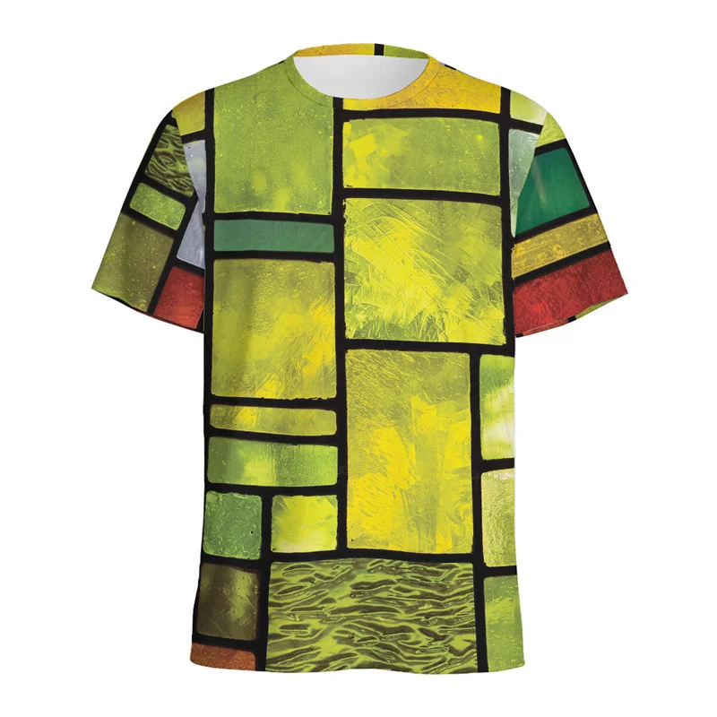 Colorful Stained Glass Pattern T Shirts Men Retro 3D Printed Geometric T-shirt Tops Women Short Sleeves Summer Street Tee Shirt