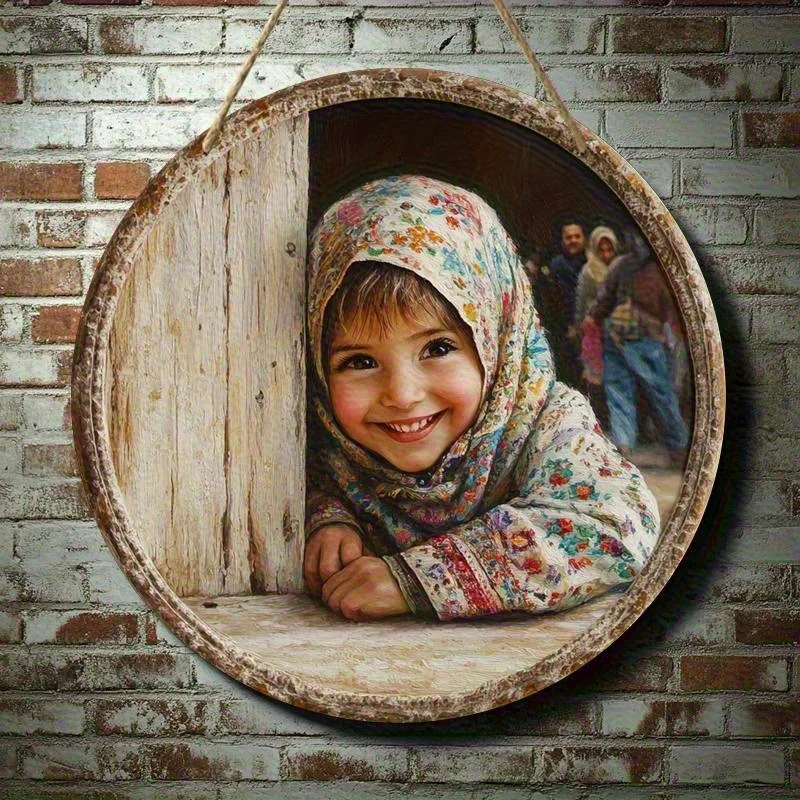 2D Plan 1pc 8X8 Inch Circular Wooden Wall Art - Fashionable Ethnic Style Girl with Colorful Floral Headscarf And Smiling Face -
