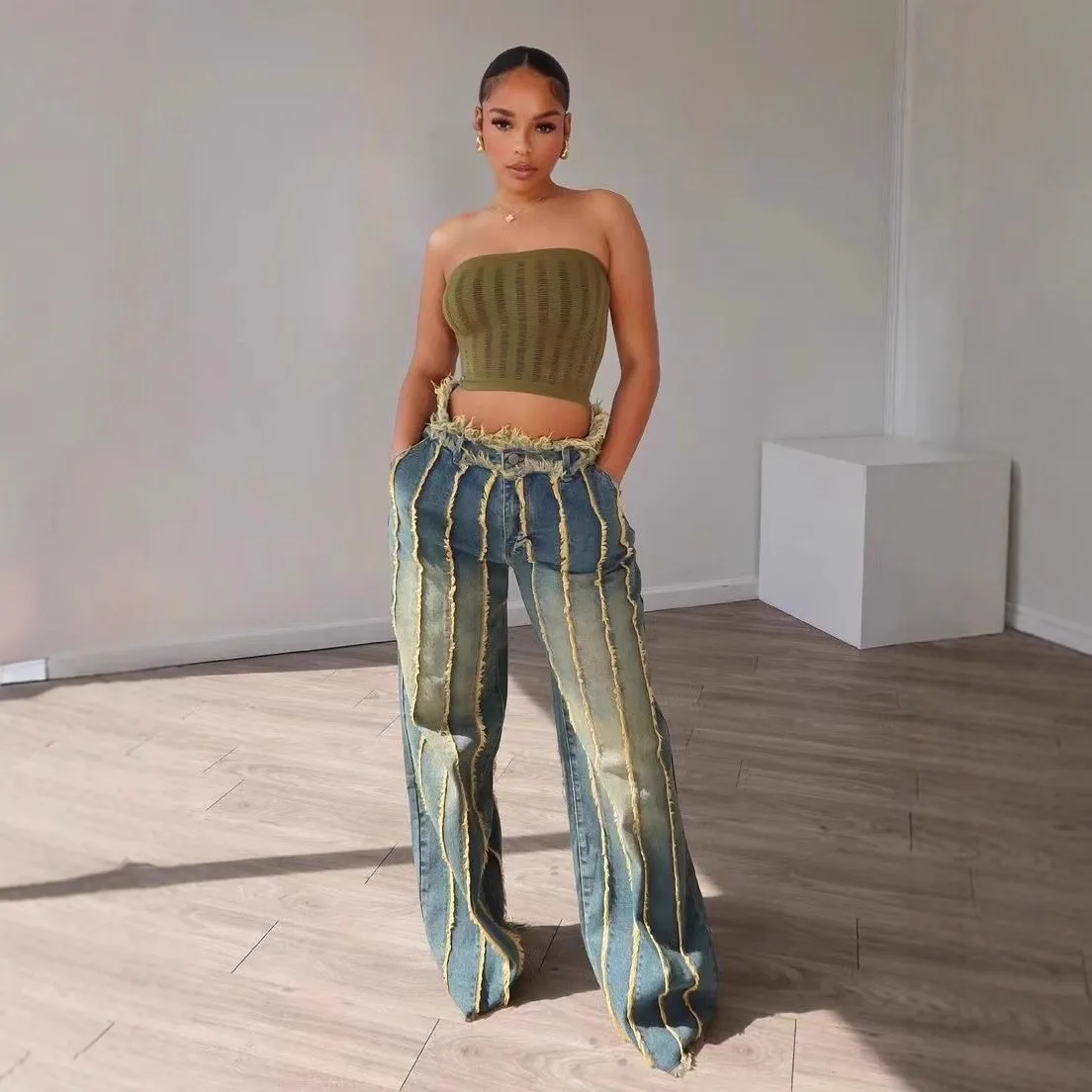 

New Women's Denim Patchwork Multi-Layer Washed Color Elastic Jeans Spring Autumn Winter Straight Leg Ultra-Low Waist Blue