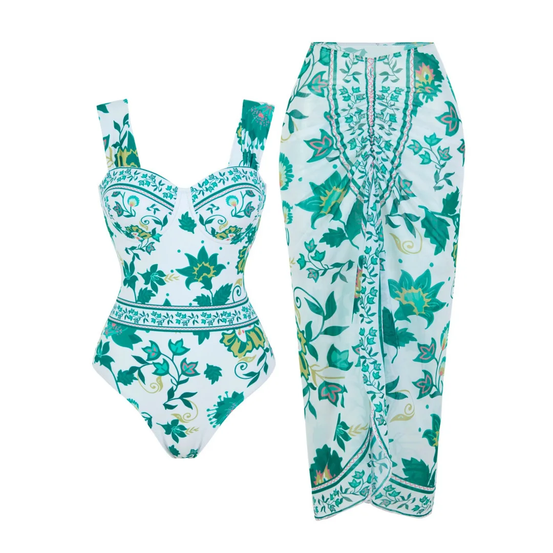 One-piece Women Floral Swimwear Swimsuit Blue Red  Printed V-neck Sexy Bikini Set Beach Vacation  Style Wear Maxi Dress Skirt