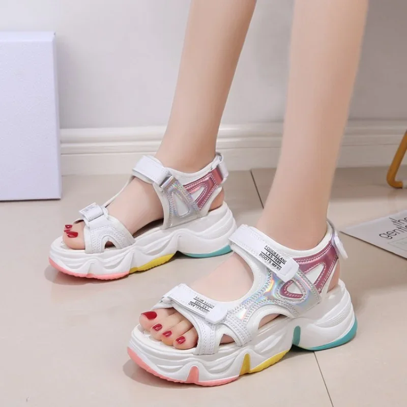 Platform Sandals Female Summer 2023 Women Thick Bottom Rainbow Sole Hook & Loop Shoe Wedge with Open Toe Platform Shoes