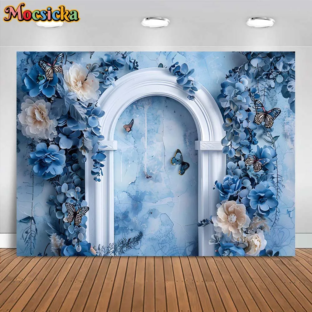 Mocsicka Photography Background Vintage Arch Door Flower Butterfly Blue Wall Art Portrait Photo Backdrop Studio Photoshoot Props