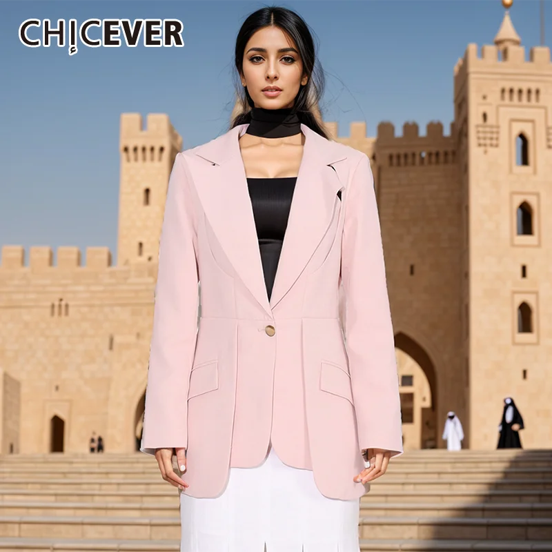 

CHICEVER Solid Hollow Out High Design Blazer For Women Notched Collar Long Sleeve Patchwork Pockets Casual Tunic Coat Female New