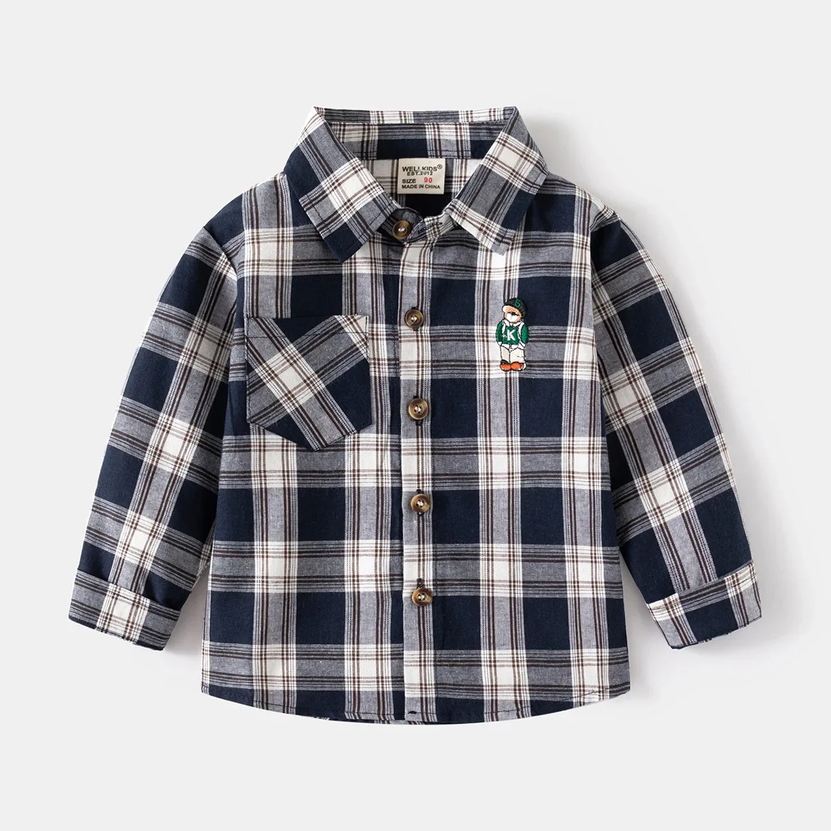 Spring Autumn Boys' Long Sleeve Casual Cotton Plaid Shirt Kids Loose Handsome Embroidered Cartoon Striped Top, for Ages 2-7