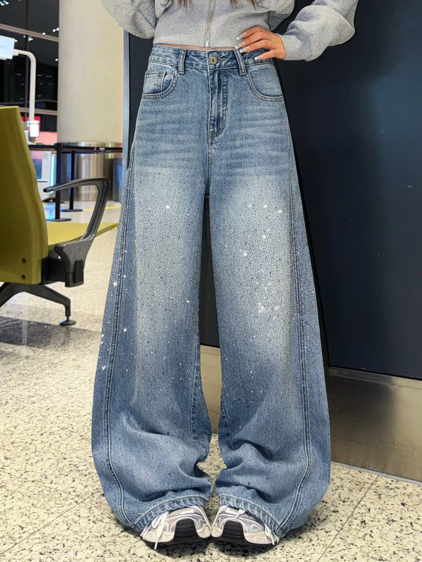 

Blue iny Sparkling Denim Jeans Women's Wide Leg Pants Spring Summer New Sle Trendy Cotton l Waist Button Closure