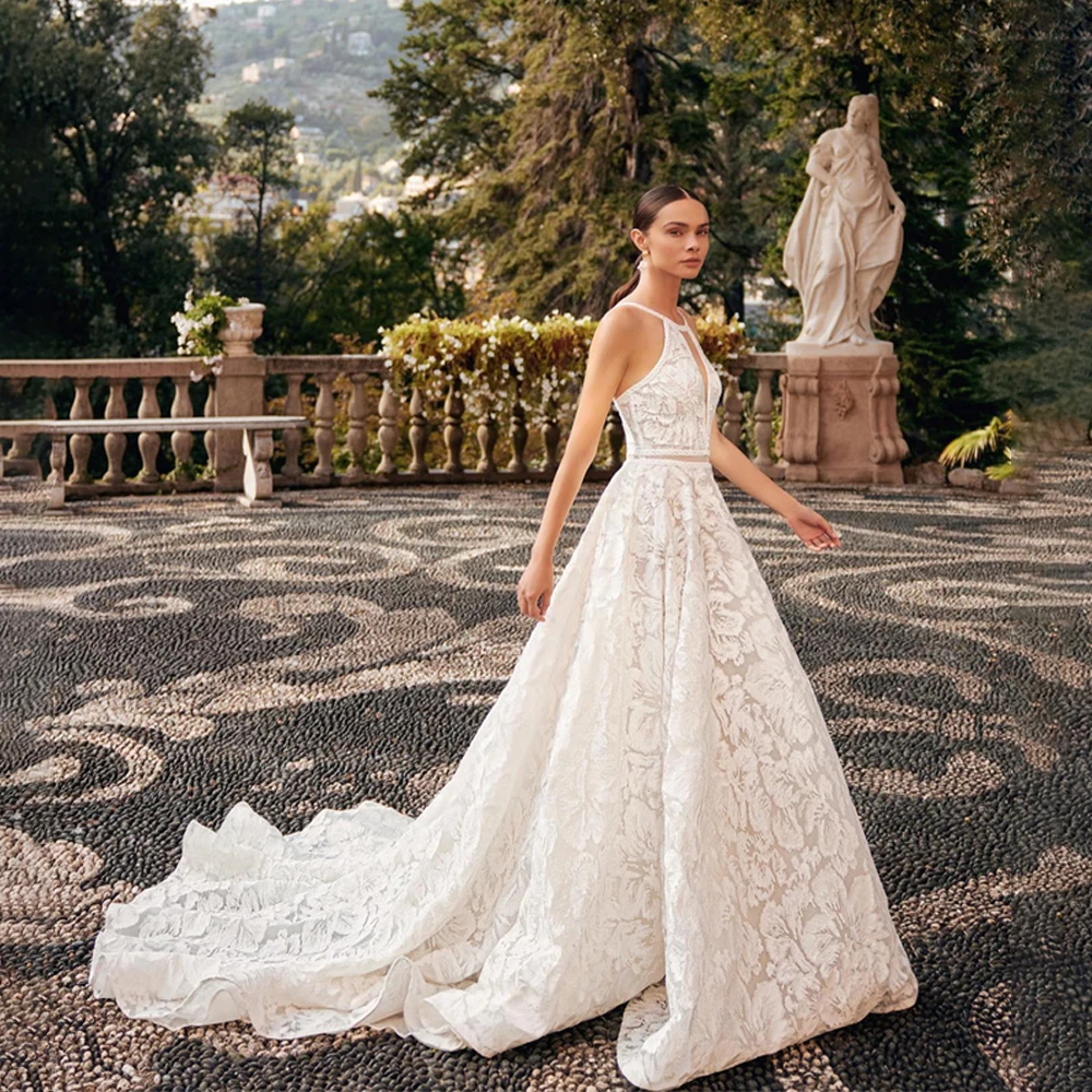 

Customized Halter Sleeveless A-line Lace Wedding Dress Backless Zipper Bridal Gowns vestidos de novia