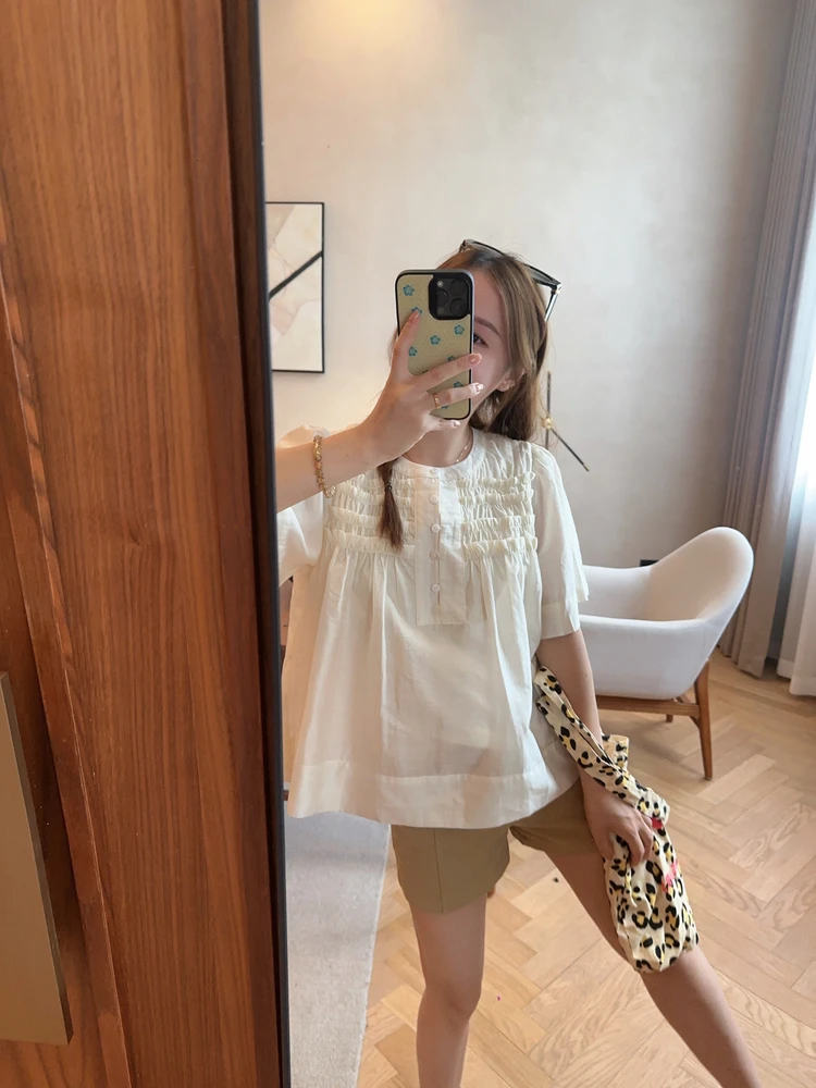 

Женский повседневный пуловер Iouiou из плотного плиссированного трикотажа свободного кроя с круглым вырезом