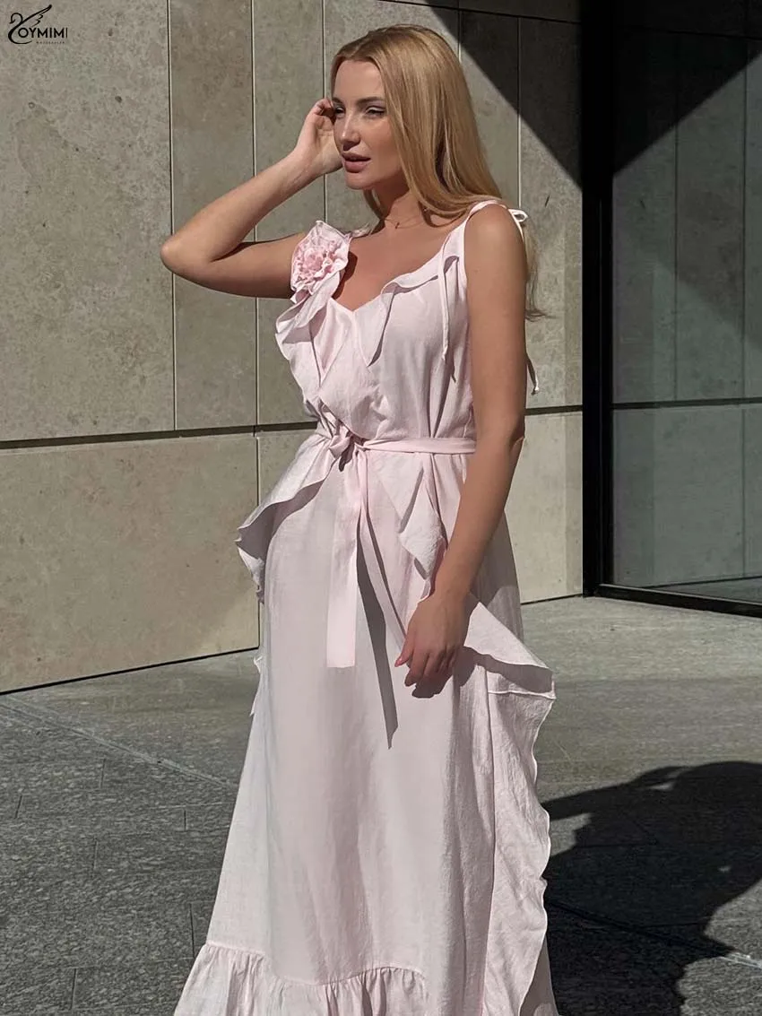 

Oymimi Fashion Pink Bow Womens Dresses Elegant Spaghetti Strap Lace-Up Open Back Dresses Autumn New Ruffled Ankle-Length Dress