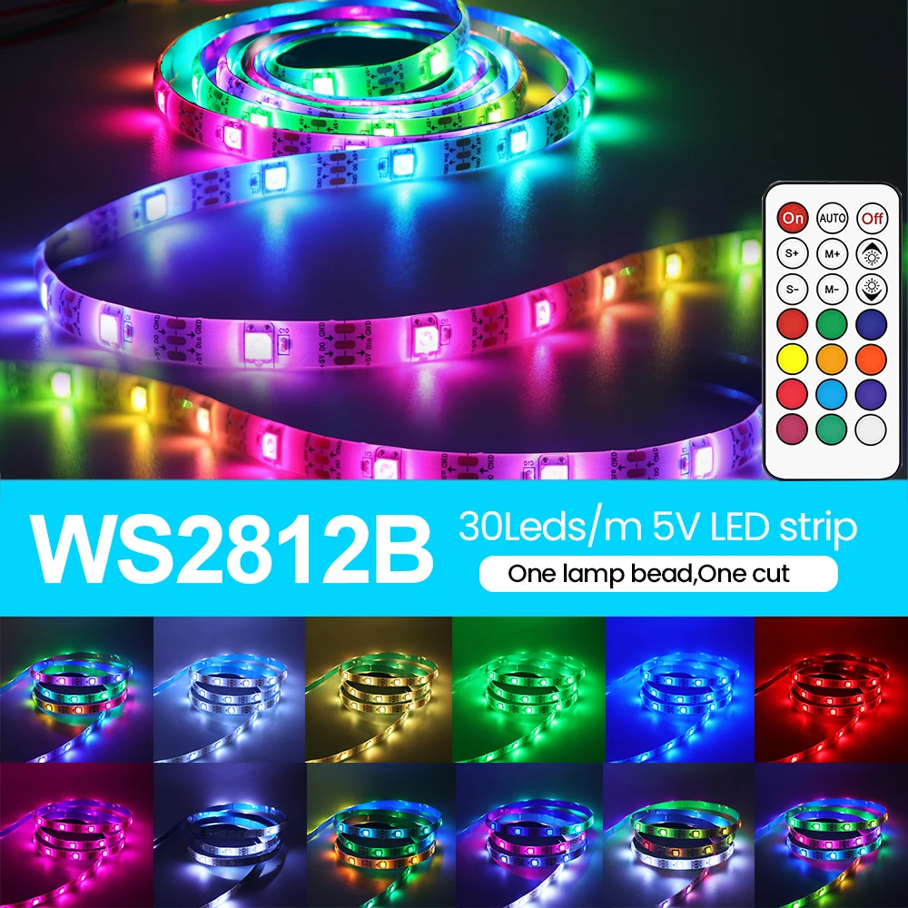 RGB LED Strip Light WS2812B Addressable Pixel Tape with Remote Controller For TV Back Lamp DC5V 1-5M IP30/IP65 With Power Kit