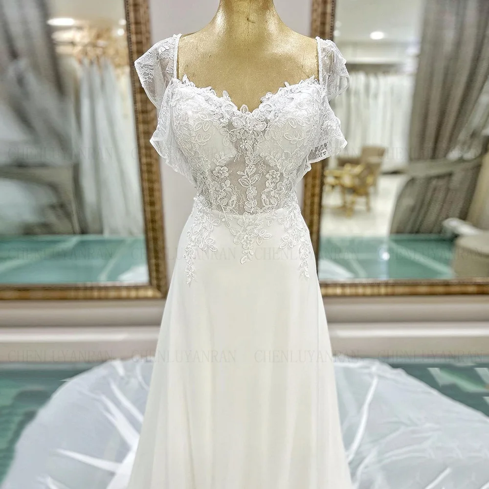 Chiffon A-line Wedding Dresses Cap Sleeves Applique Long Bride Dress Lace Up Sweep Train Dress For Women 2024 Robe De Mariée