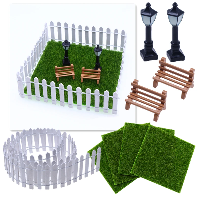 Miniature Fairy Garden Ornaments Artificial Grass Micro Landscape Bench Fence White Wood Picket Easter Scene DIY Crafting Decora