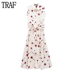 TRAF Print Shirt Dress Women Bow Sleeveless Long Dress Woman Summer Button Midi Dresses for Women Vintage Collar Female Dress