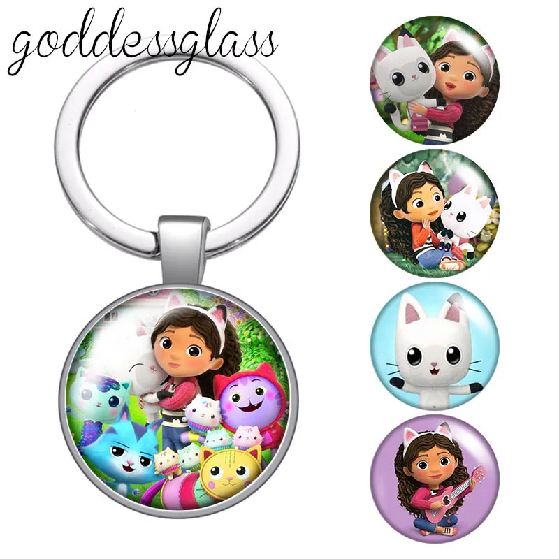 Disney Cartoon gabby dollhouse Girl cat Photo glass cabochon keychain Bag Car key chain Ring Holder Charms keychains gift