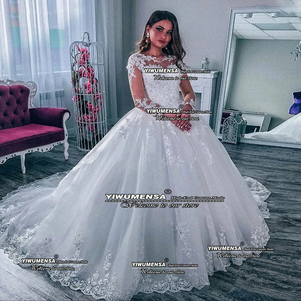 Weiße Spitzenapplikationen Perlen Brautkleider Illusion Langarm Ballkleider Braut Maßgeschneiderte O-Ausschnitt Vestidos De Novia
