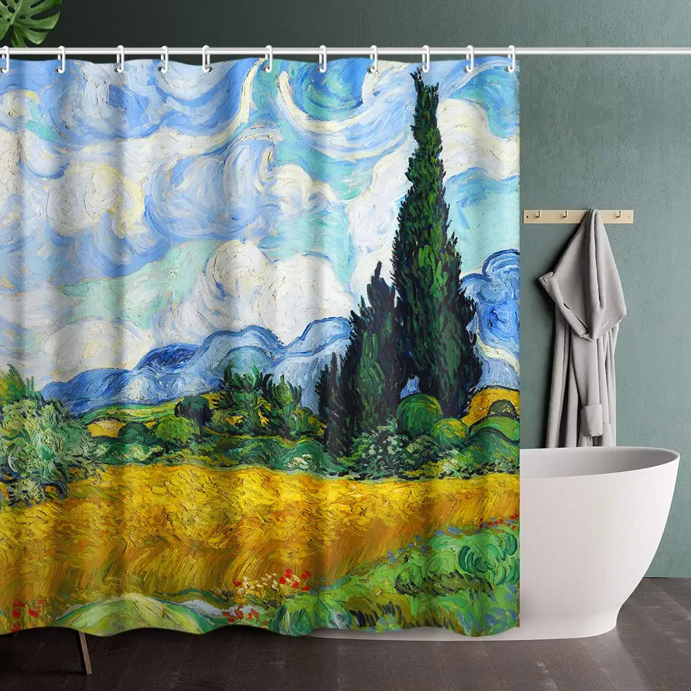 Art Bathroom Shower Curtain Set with Hooks Wheat Field with Cypresses Scenery By Vincent Van Gogh Art Paintings for Bathroom