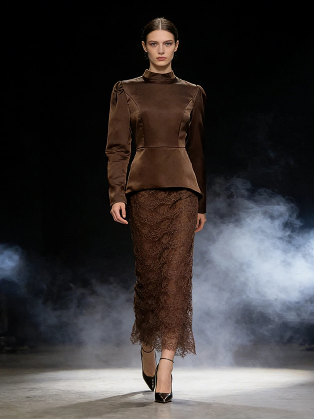 

Европейский и американский ретро-дизайн: комплект из двух предметов, весна 2026, новинка, топ с воротником-стойкой и юбка с кружевной вышивкой