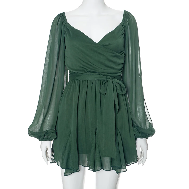 Imagem -06 - Mini Vestido Feminino com Manga de Lanterna Sexy com Gola v Sólida Vestido Curto de Malha Verde Vestidos de Férias Primavera Verão