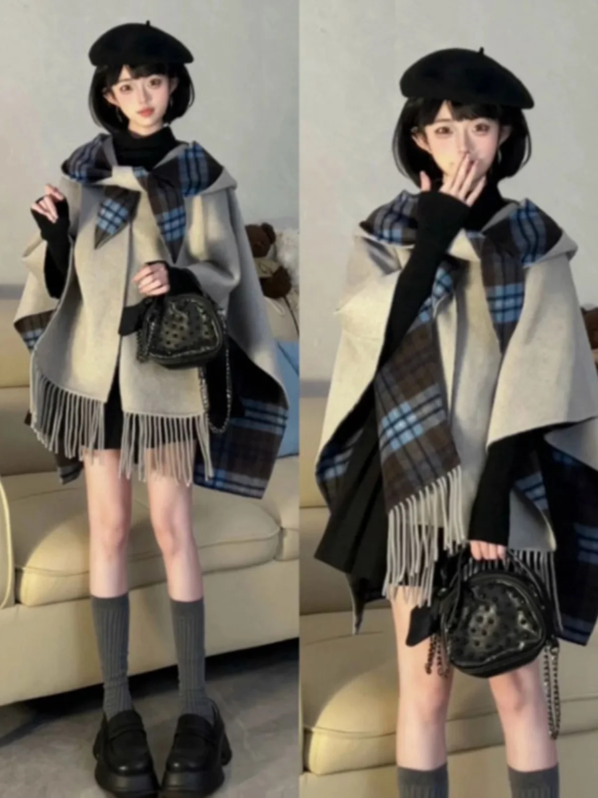 

Elegant Korean Style Woolen Coat Unique Cowl Neck Design Fashionable Rich Girl Vibes Commute Friendly Long Sleeve V-Neck