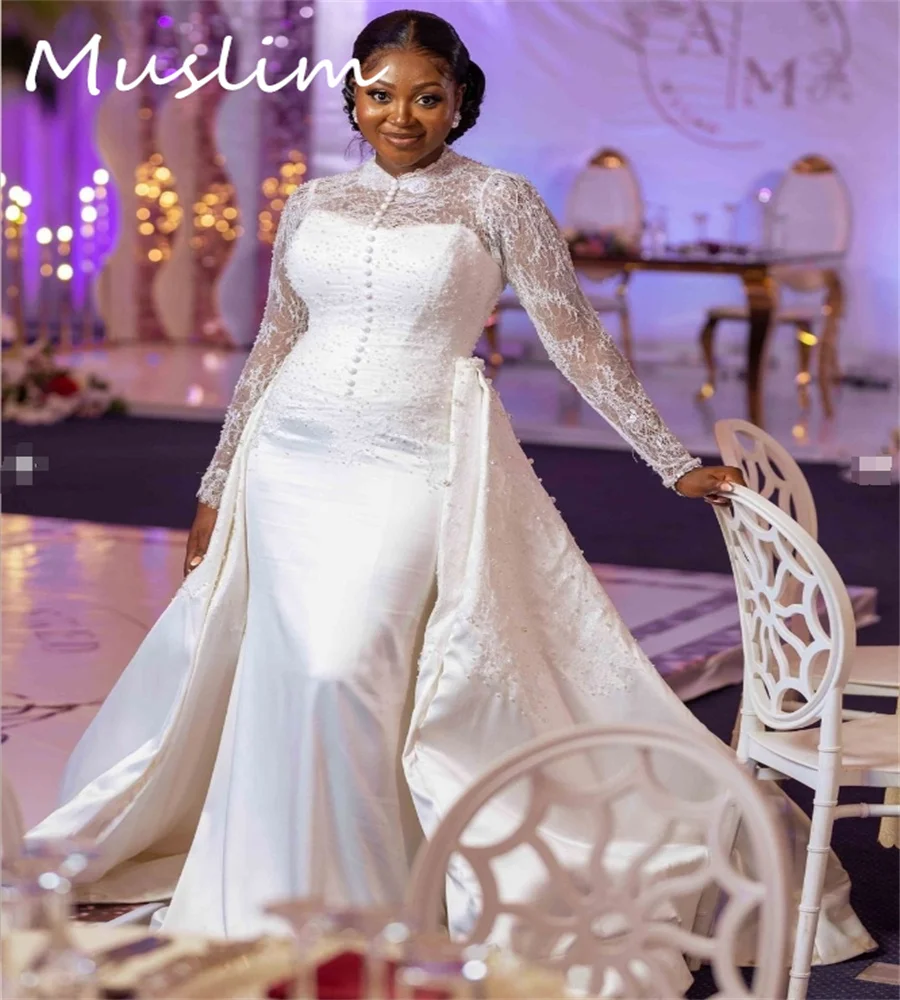 

Fancy African Mermaid Wedding Dress With Detachable Train Elegant Plus Size 2 In 1 Church Bridal Dress Long Sleeve Customized