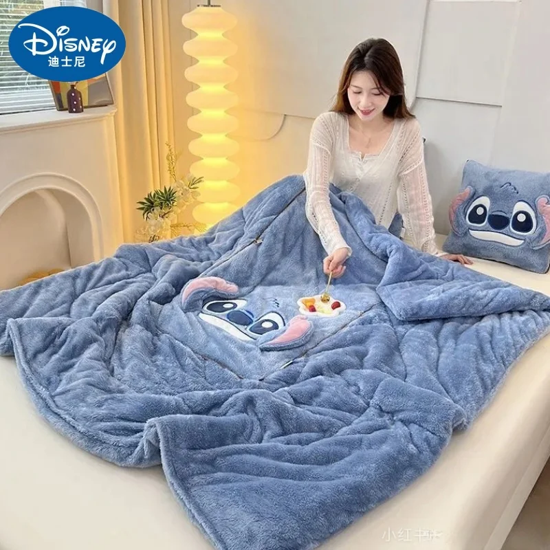 Hot Disney Stitch Throw Pillow Blankets Two In One Kawaii Flannel Pillow Thickened Nap Blanket Embroidered Throw Pillow Dual