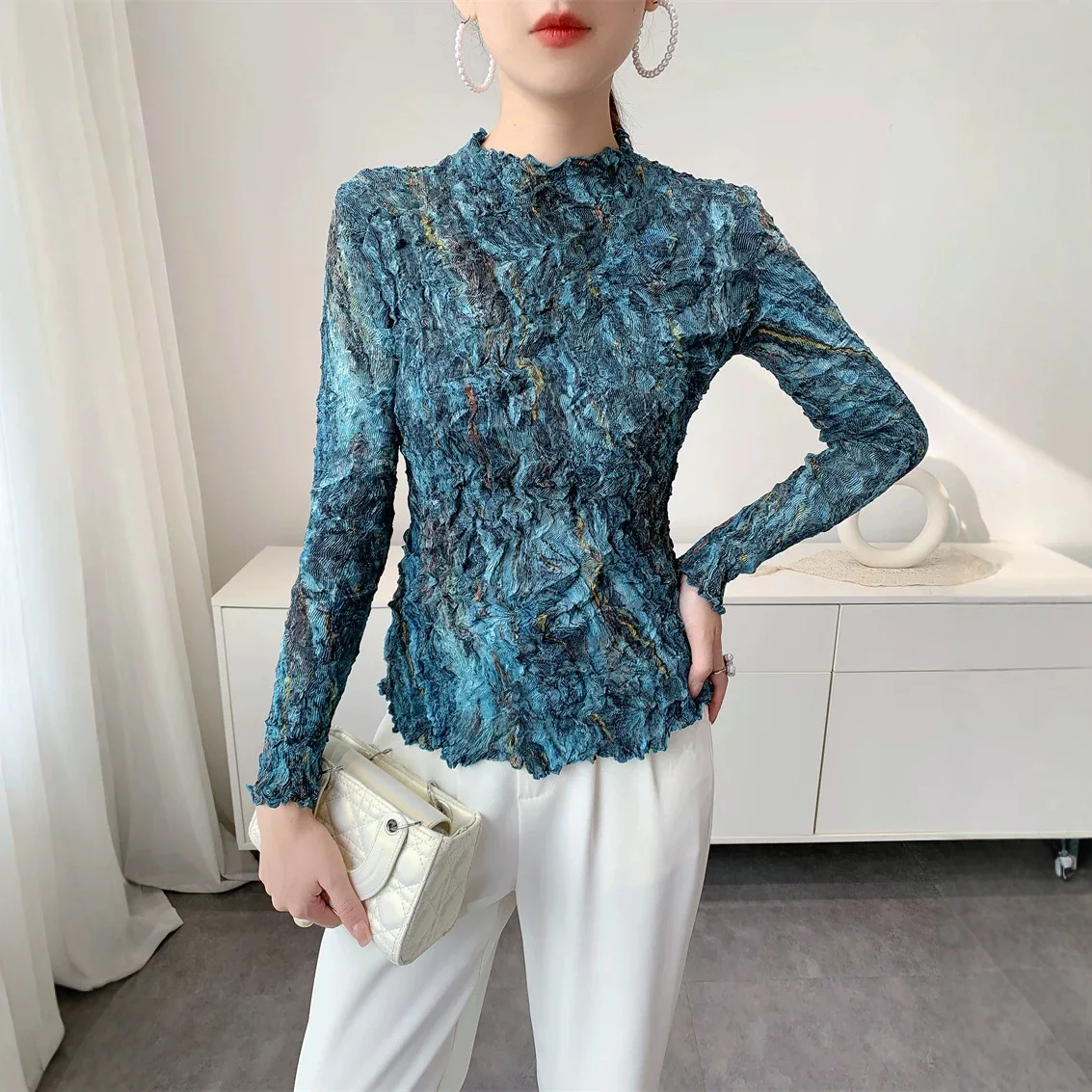 Miyake Pleated Women's Casual Tops 2026 Autumn New Fashion Printed Half Turtleneck Bottoming Shirt Simple Versatile T-shirt