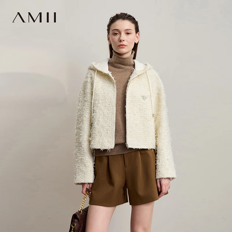 

Женские куртки AMII, осень 2023, новое повседневное элегантное женское пальто с капюшоном и длинными рукавами, свободный универсальный короткий топ, женский 12543125