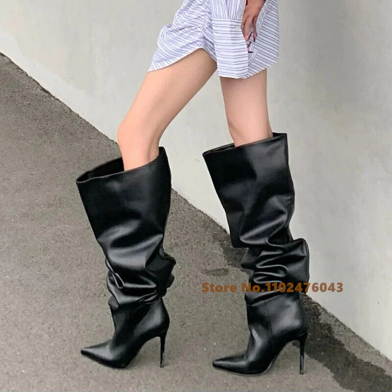 Women's Summer Boots High Heeled Black Pointy Toe Knee High Women Pleated Long Boots Thin Heel Party Shoes Denim Blue Black