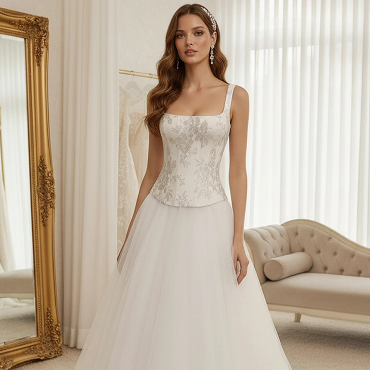 

Elegant Tulle Lace Appliques Wedding Dress For Bride Square Collar Puffy Ball Gown For Women Long Bridal Gown Vestidos Novia