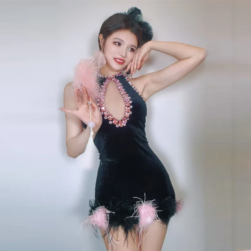 Vrouwen Zanger Prestaties Jurk Zwart Fluwelen Steentjes Jurk Festival Outfit Bar Ds Dj Gogo Danskostuum Stadium Clubwear