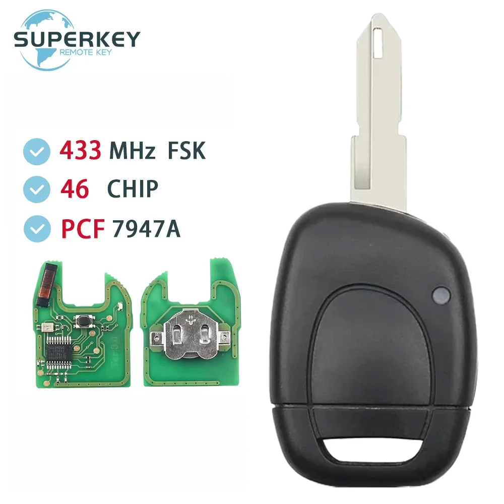 

PCF7947A для Renault Clio Kangoo Master Trafic Modus Vivaro, дистанционный автомобильный брелок, 1 кнопка, необрезанный, 433 МГц ID46 NE73, лезвие